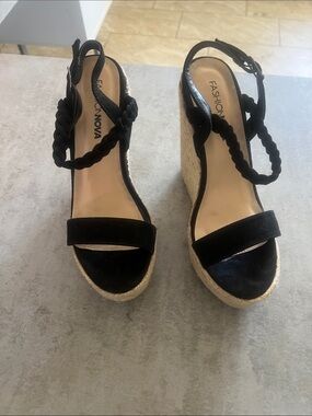 Fashion Nova Black Braided Espadrille Wedge Sandals